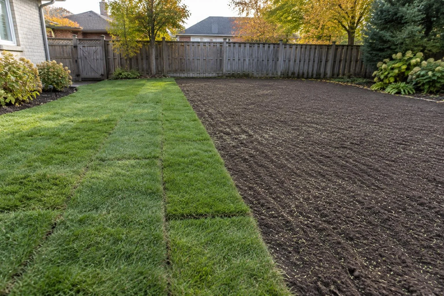 Strip of fresh sod with visible seams beside raked topsoil with newly sown grass seed in an autumn backyard