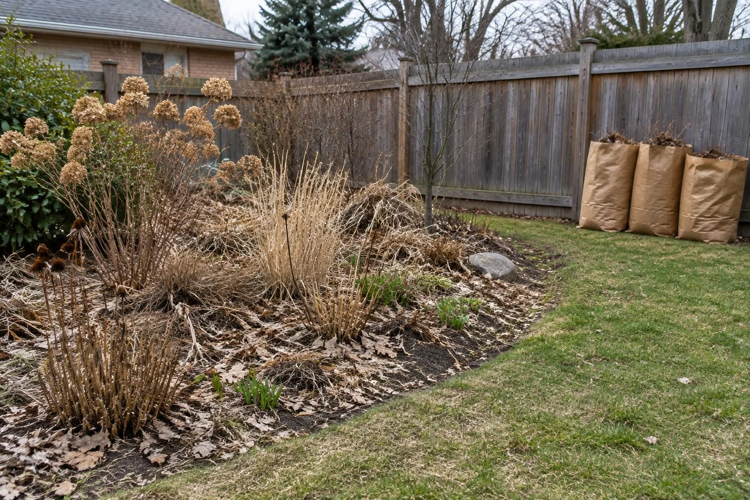 Early-spring backyard bed with matted leaves and dry stems beside a greening lawn and paper yard-waste bags by a fence