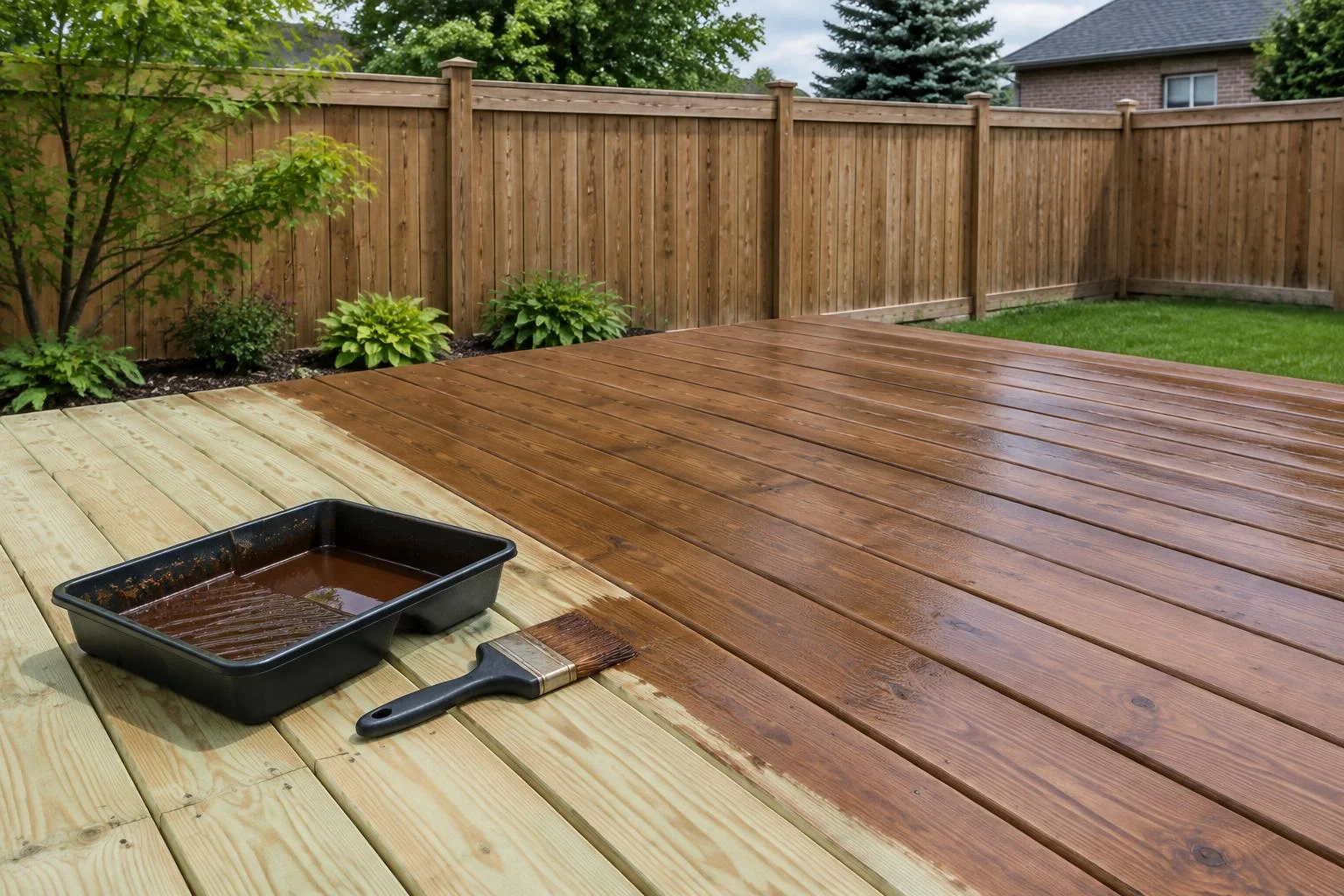 New wood deck boards partly coated in brown stain with a brush and tray
