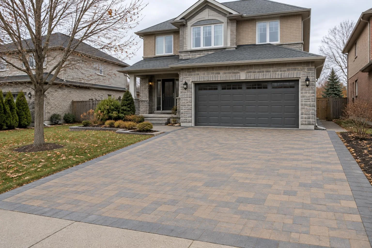 Fresh tan and grey paver driveway at a two-storey house in late autumn