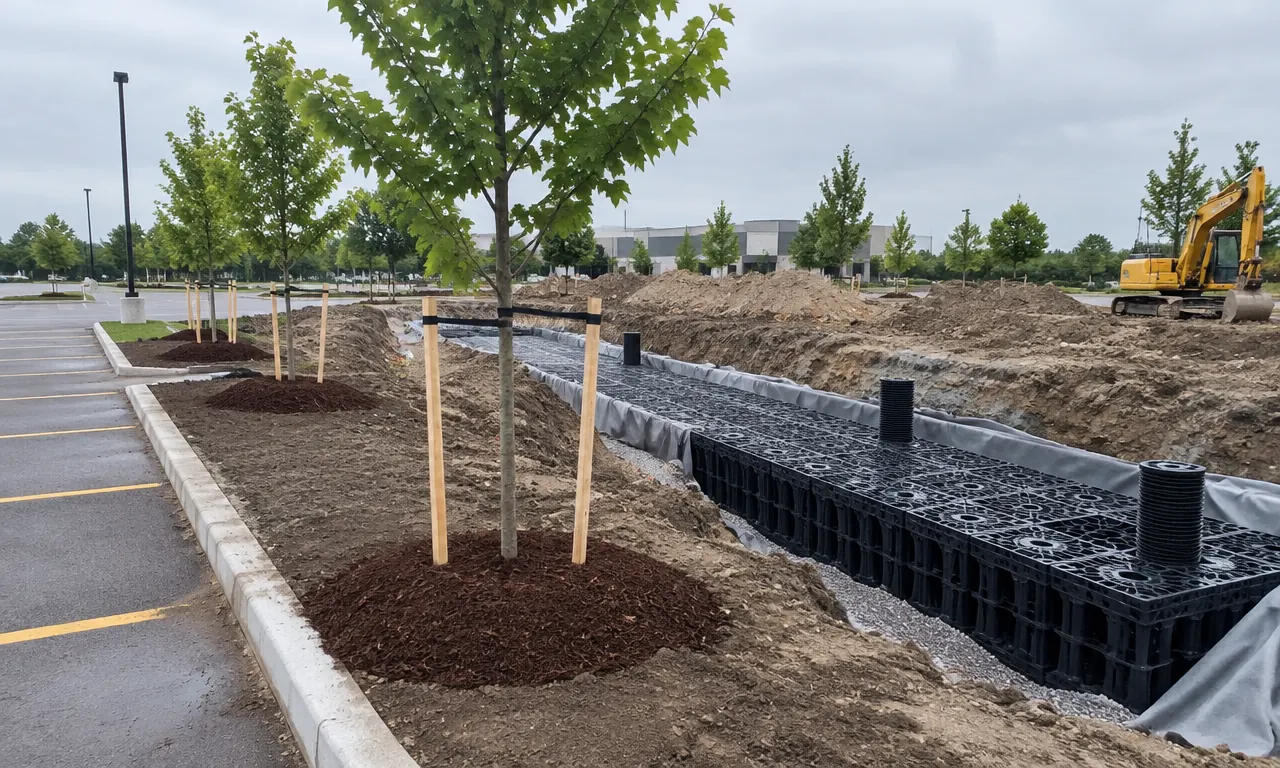 Newly planted trees in a commercial parking island with soil preparation nearby