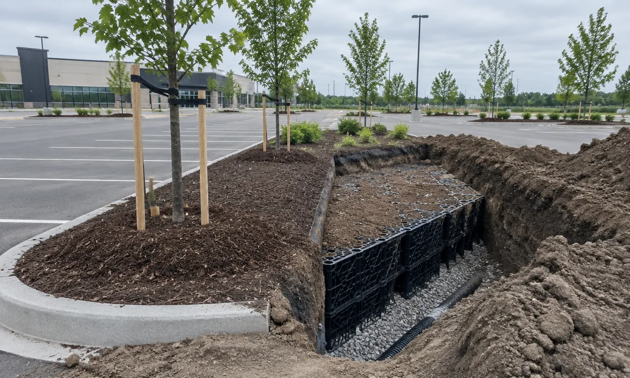 Shade trees with stakes and mulch rings in a commercial parking island beside an open soil-cell excavation