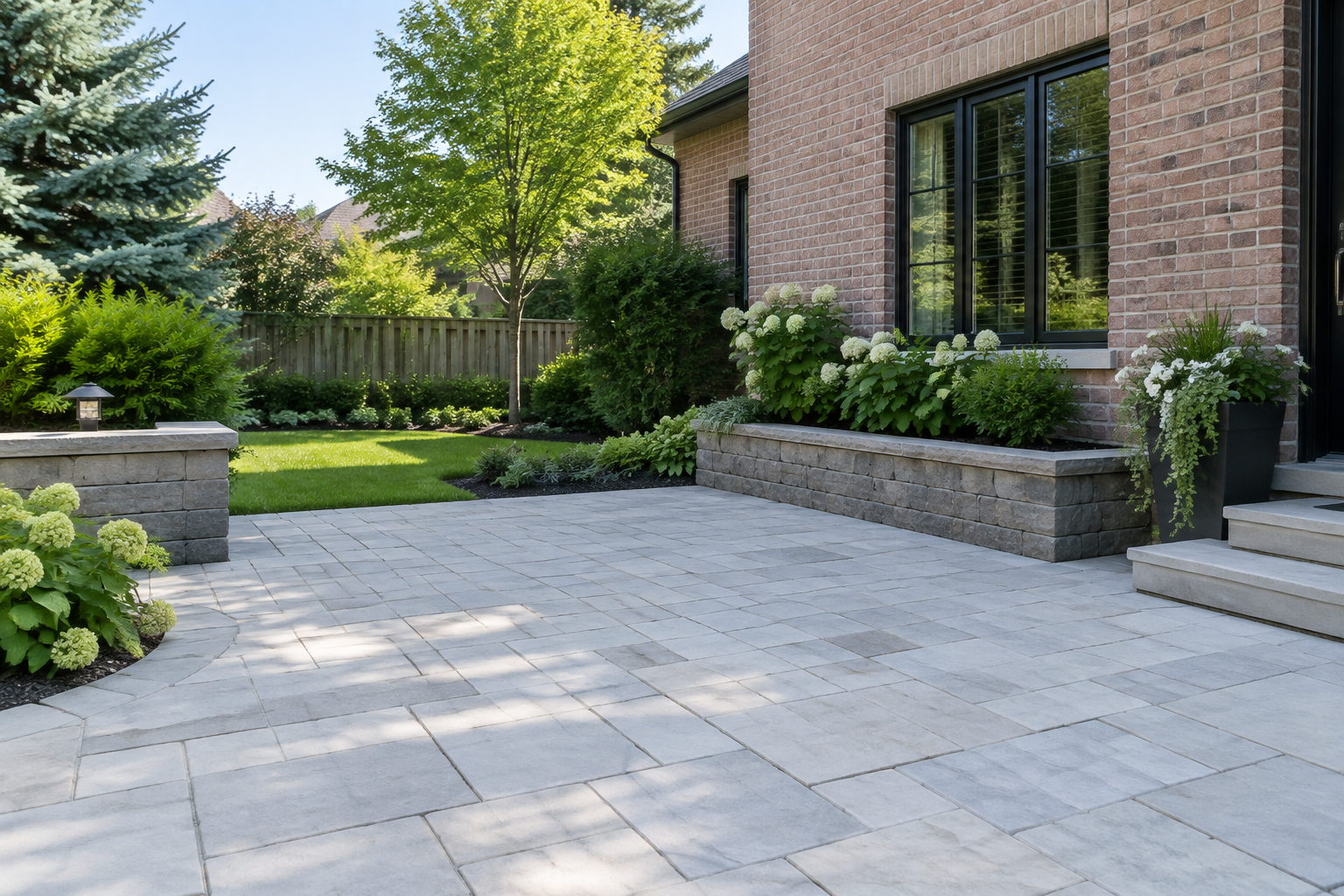 Clean light grey interlock patio with neat joints and garden planting