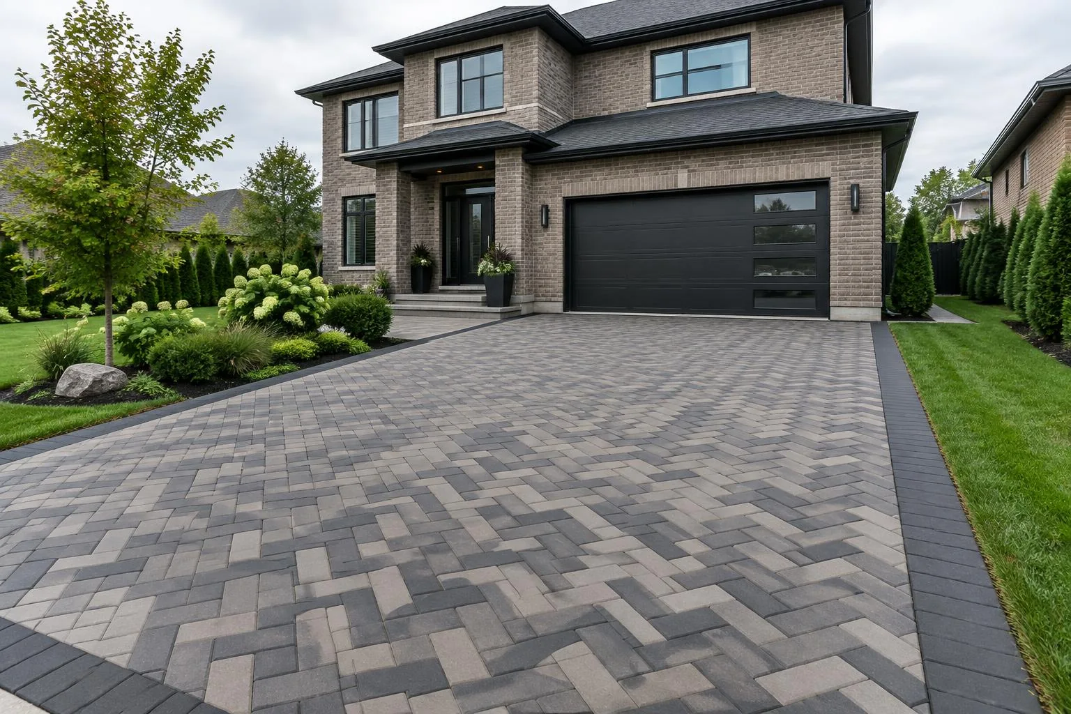 Charcoal-edged herringbone interlock driveway beside a brick home