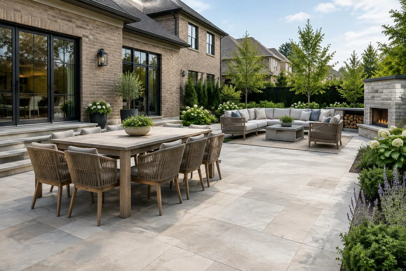Large-format light stone patio with outdoor dining and lounge areas