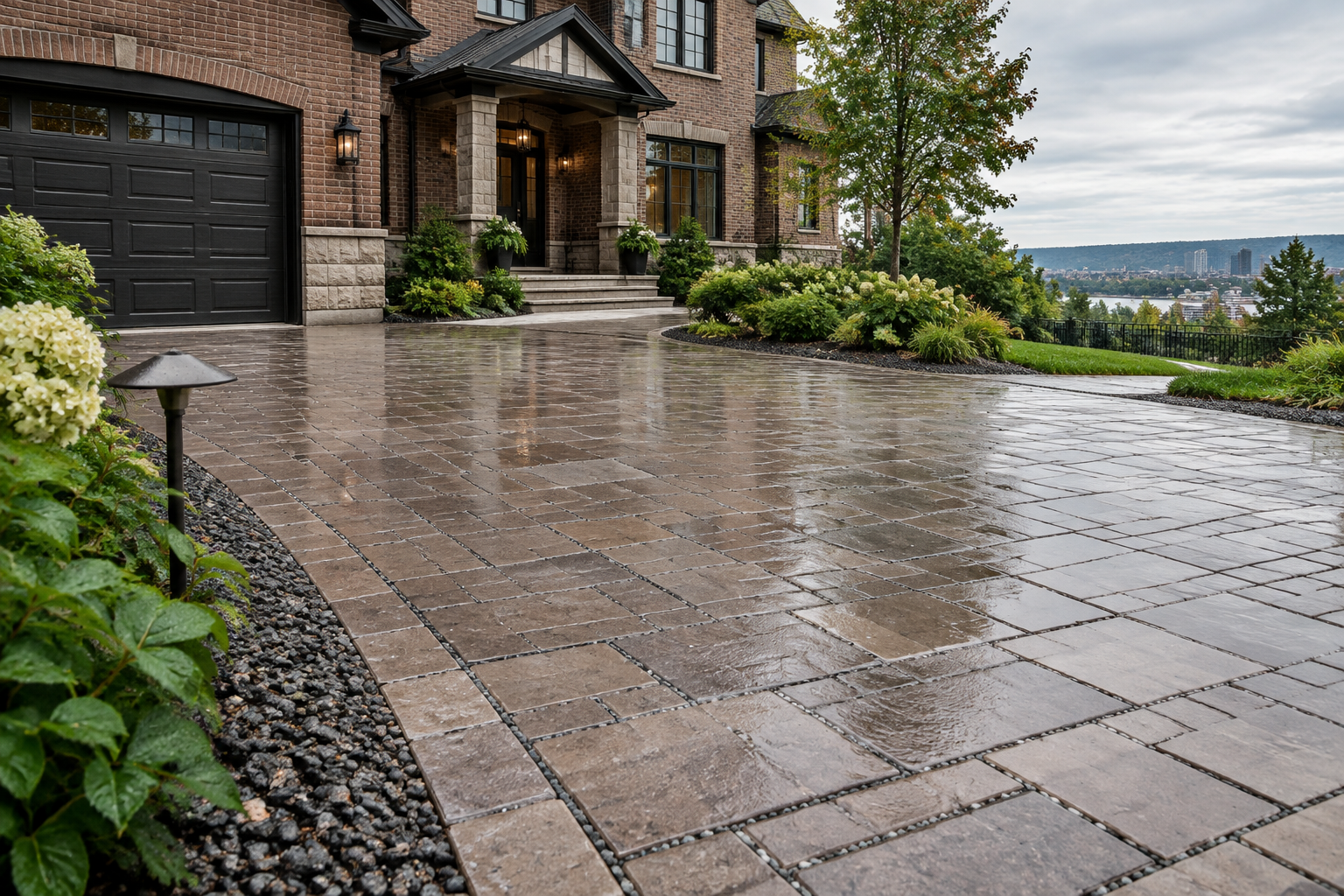 Rain-wet permeable paver driveway with visible clear-chip joints beside a brick house