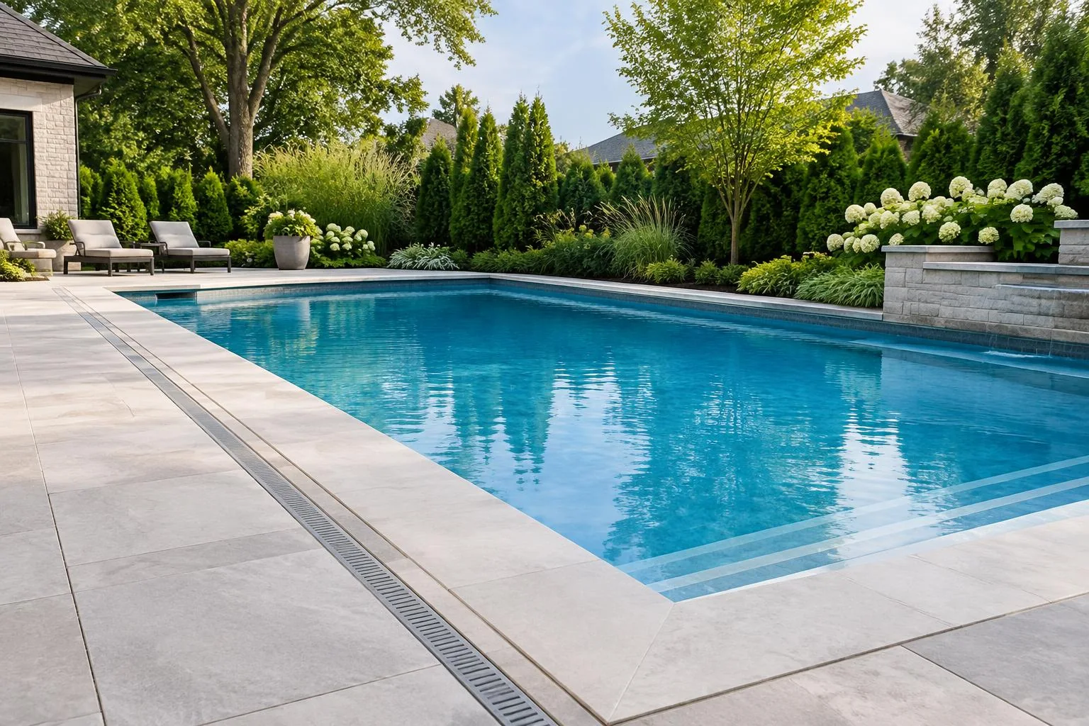 Light textured stone paving and coping around a residential swimming pool