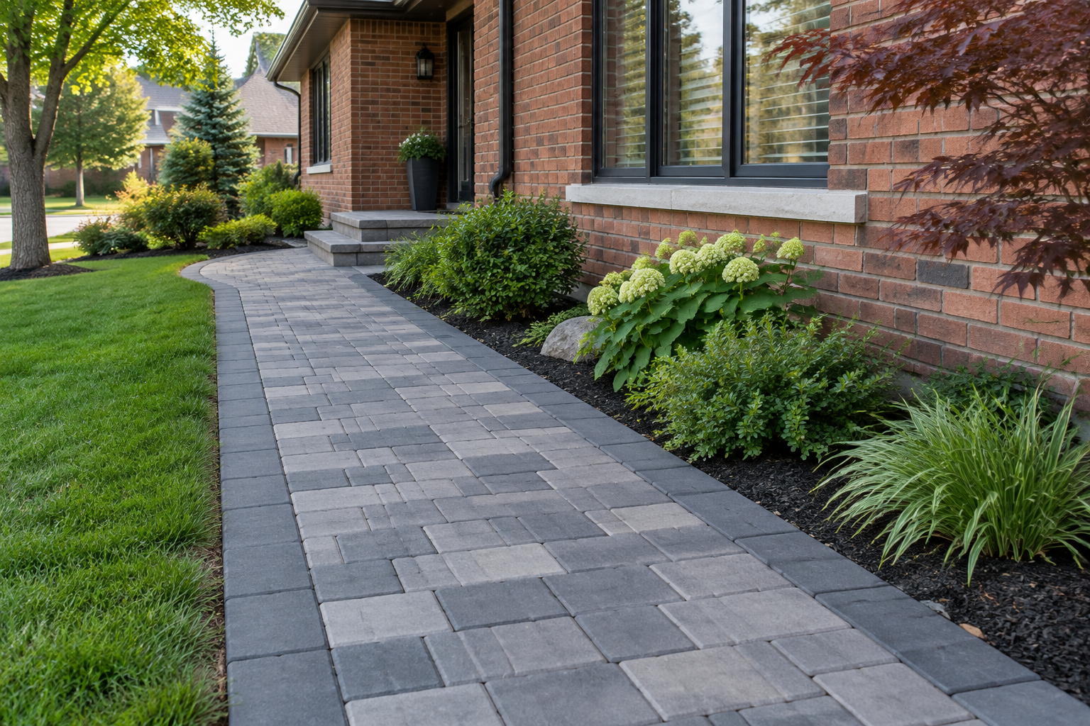 Level grey interlock front walk with restrained borders beside a brick home