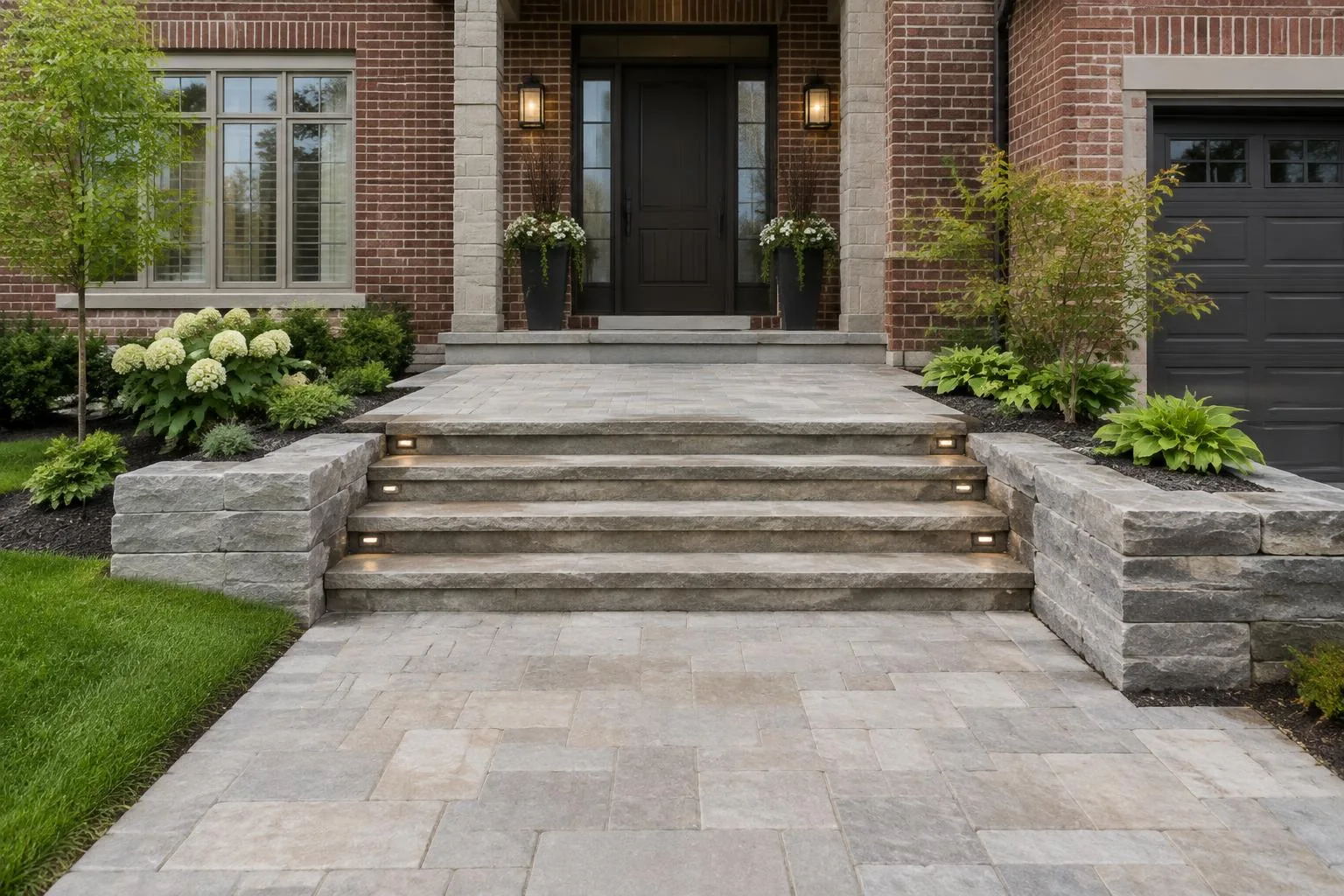Wide natural stone entrance steps and interlock landing at a brick home