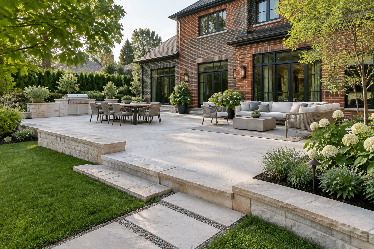 Pale dimensional stone and porcelain patio with steps and planting at a brick house