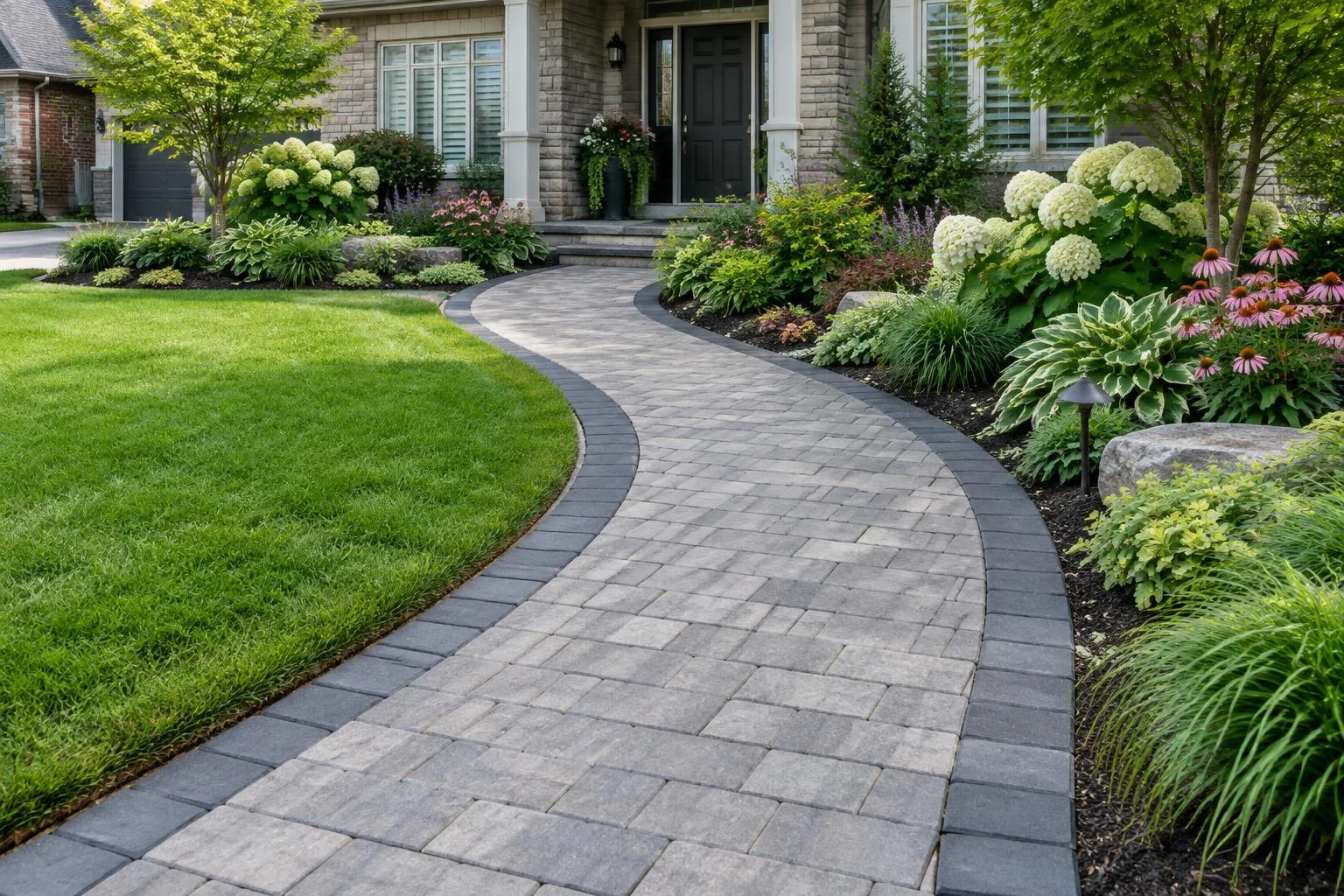 Curving grey interlock front walkway between lawn and flowering garden