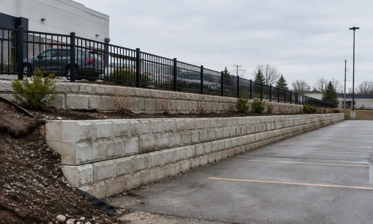 Terraced segmental retaining wall beside a commercial parking lot with black metal guard