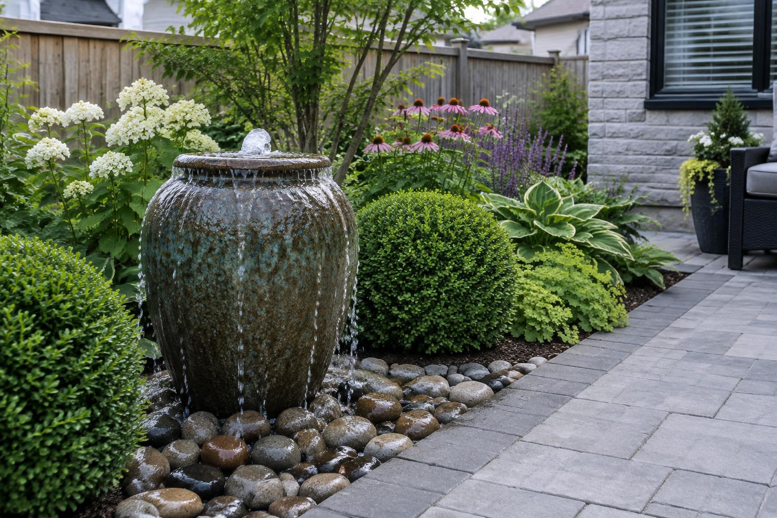 Ceramic urn fountain bubbling into river rock beside a grey interlock patio