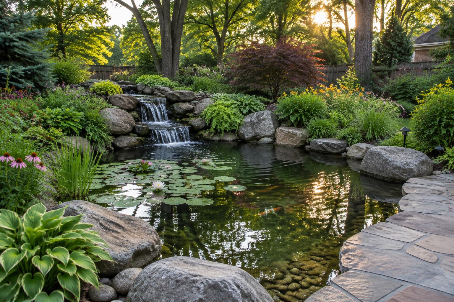 Backyard pond with water lilies, boulders and a small rock waterfall