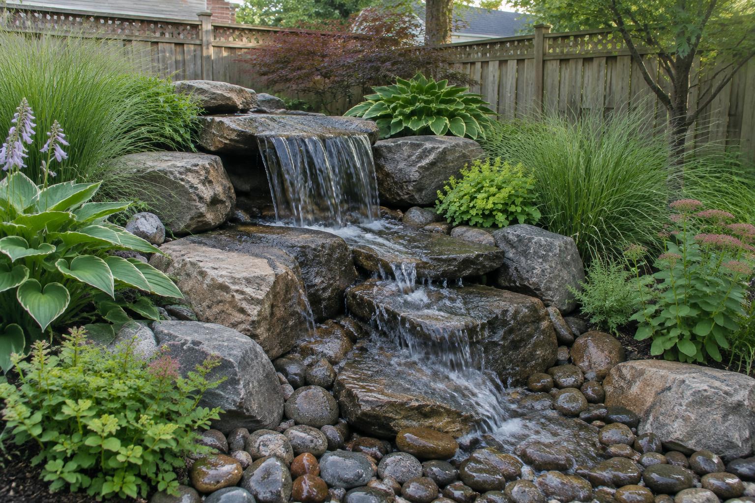 Natural stone pondless waterfall spilling into river rock among hostas and ornamental grasses