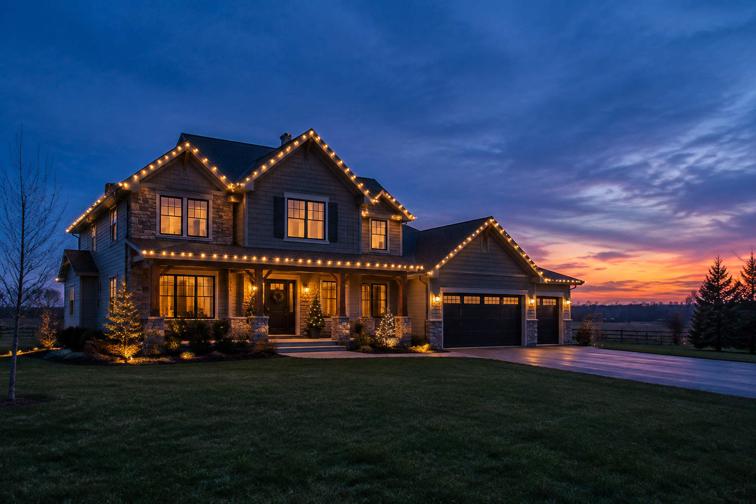Newer Waterdown home on a rural-edge lot with warm-white lights precisely outlining the roof