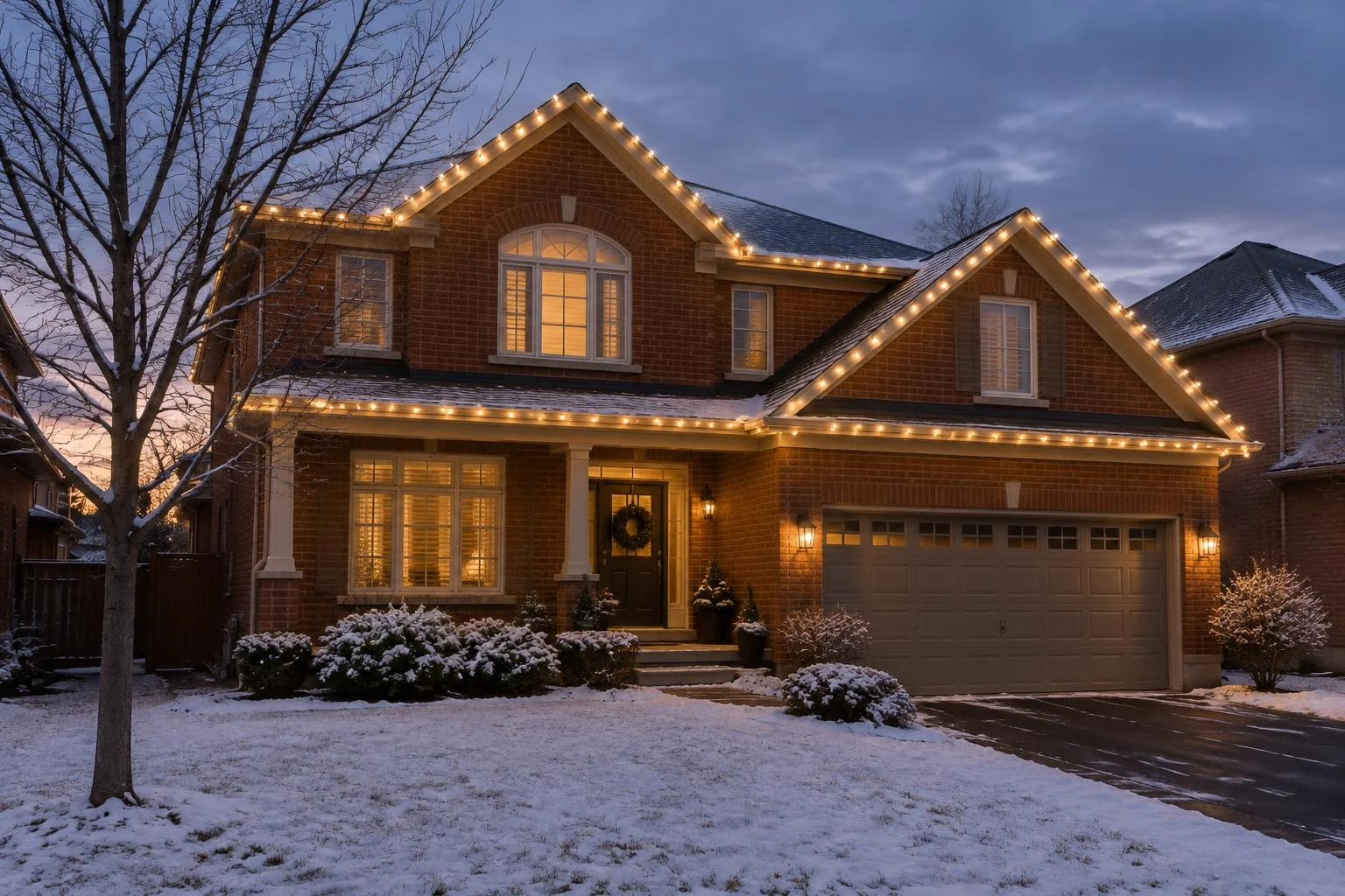 Two-storey brick house at dusk with warm white lights along the roofline and light snow on the lawn